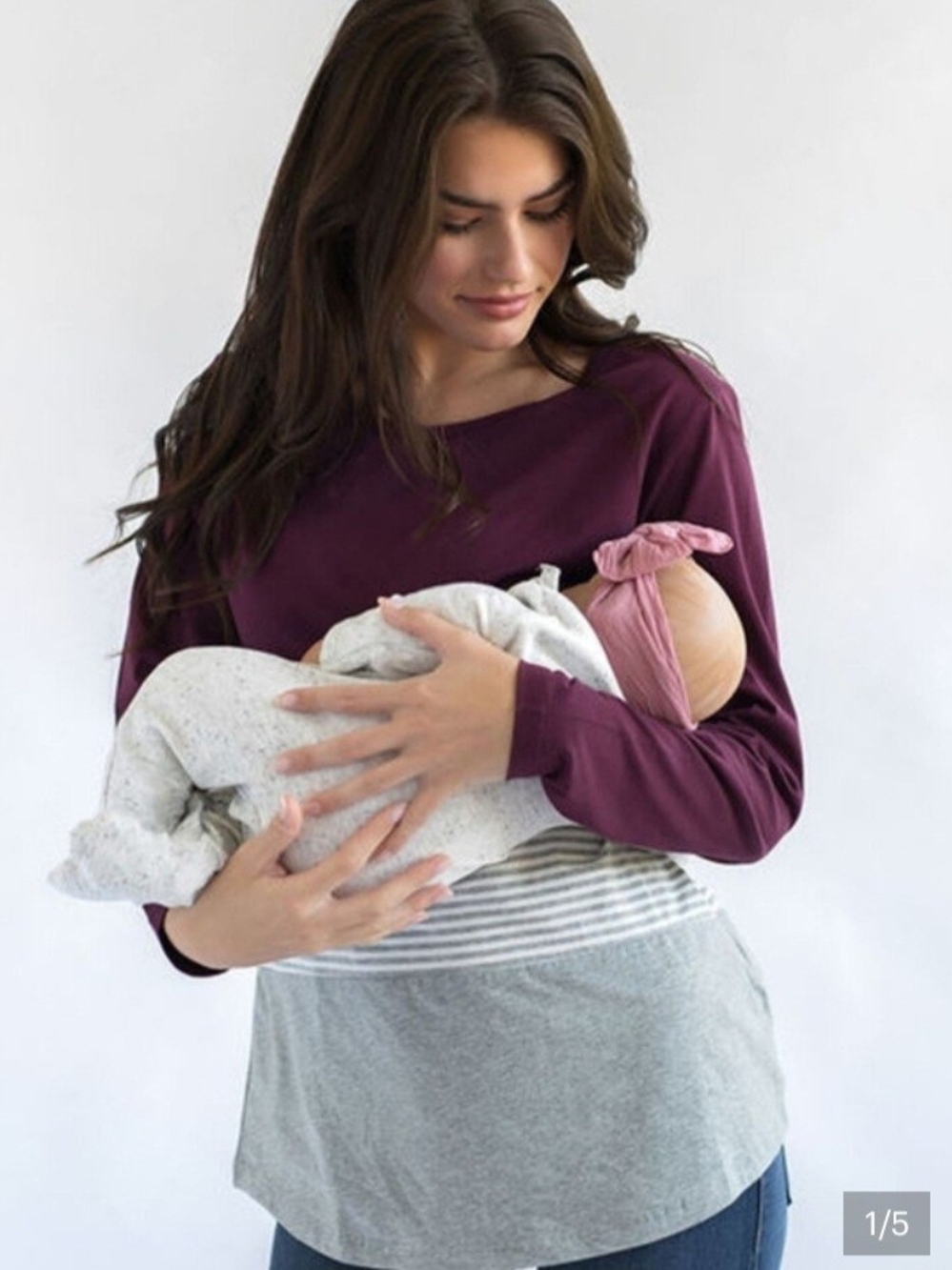 Nursing Queen Cotton Two-Tone Long Sleeve Nursing Top in Plum and Heather Gray